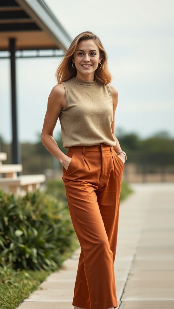 A woman wearing a mock neck top and cropped trousers, smiling outdoors.