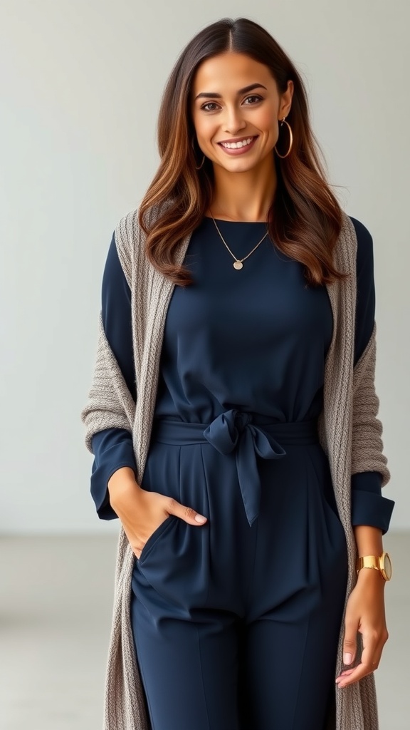 A woman in a navy jumpsuit with a belt and layered necklace, smiling and posing in a neutral background.