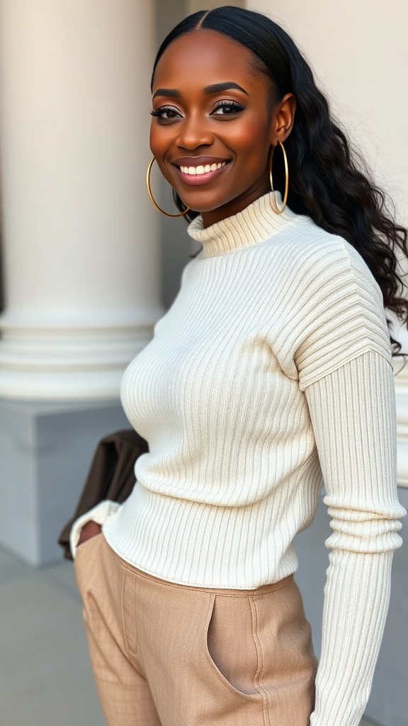 A woman smiling in a cream ribbed top and beige pants, wearing taupe shark boots.