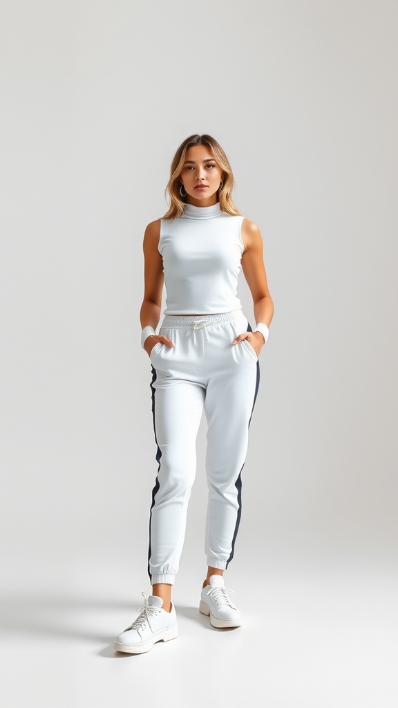 A woman wearing a light-colored jogger pants outfit with a fitted top and white sneakers.