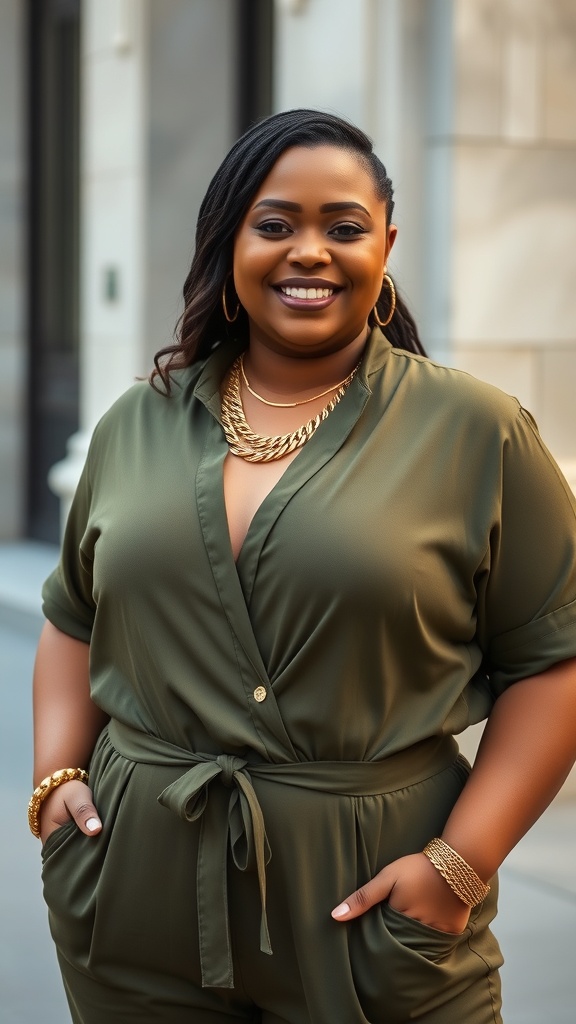 A woman in a deep green monochrome jumpsuit with gold accessories, smiling confidently.