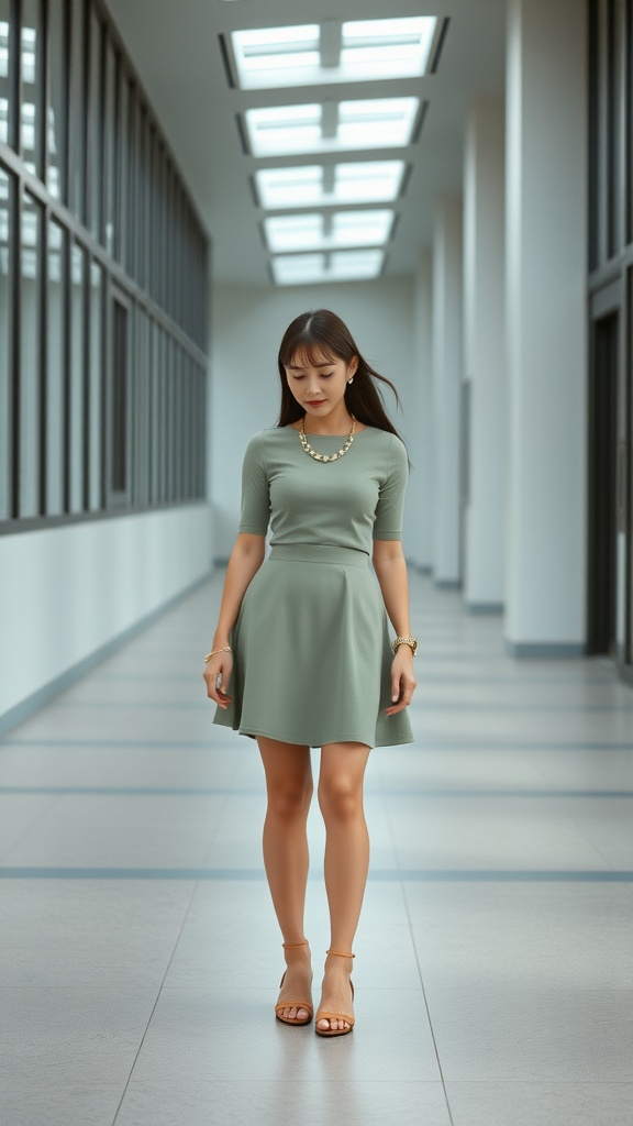 A woman wearing a matching soft green knee-length skirt and top, accessorized with a statement necklace, standing in a modern hallway.