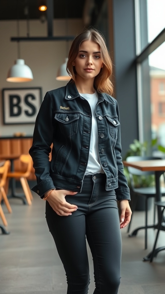 A woman wearing a black denim jacket and black jeans, standing confidently in a modern cafe.