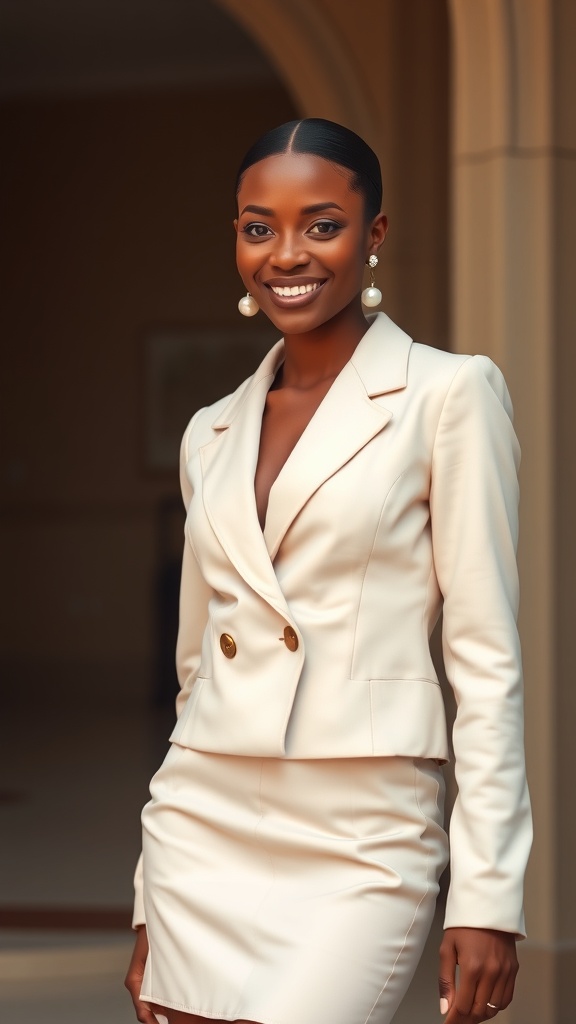 A woman wearing a stylish monochrome outfit featuring a crop blazer and mini skirt, smiling confidently.