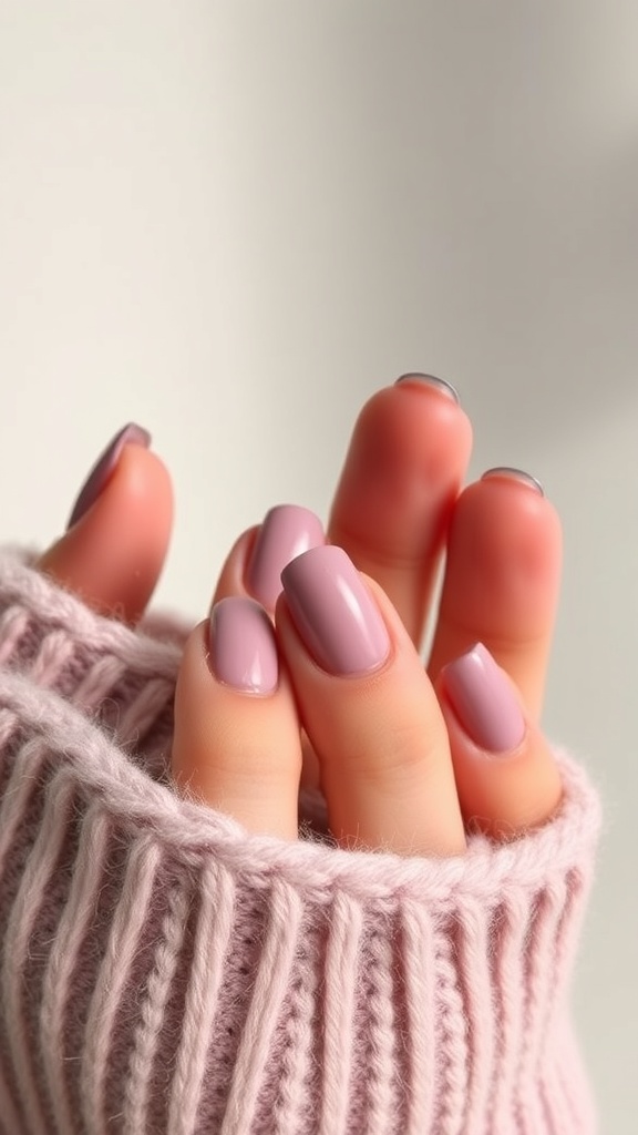 Close-up of hands with moody mauve nails and negative space, wrapped in a cozy pink sweater