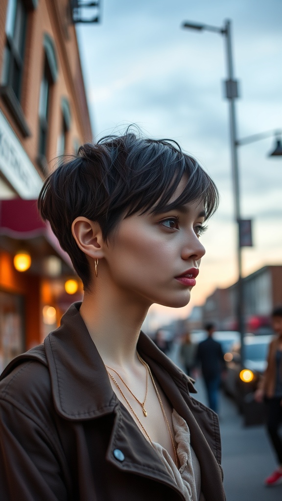 A woman with a mullet-inspired pixie cut, showcasing a bold and stylish look.