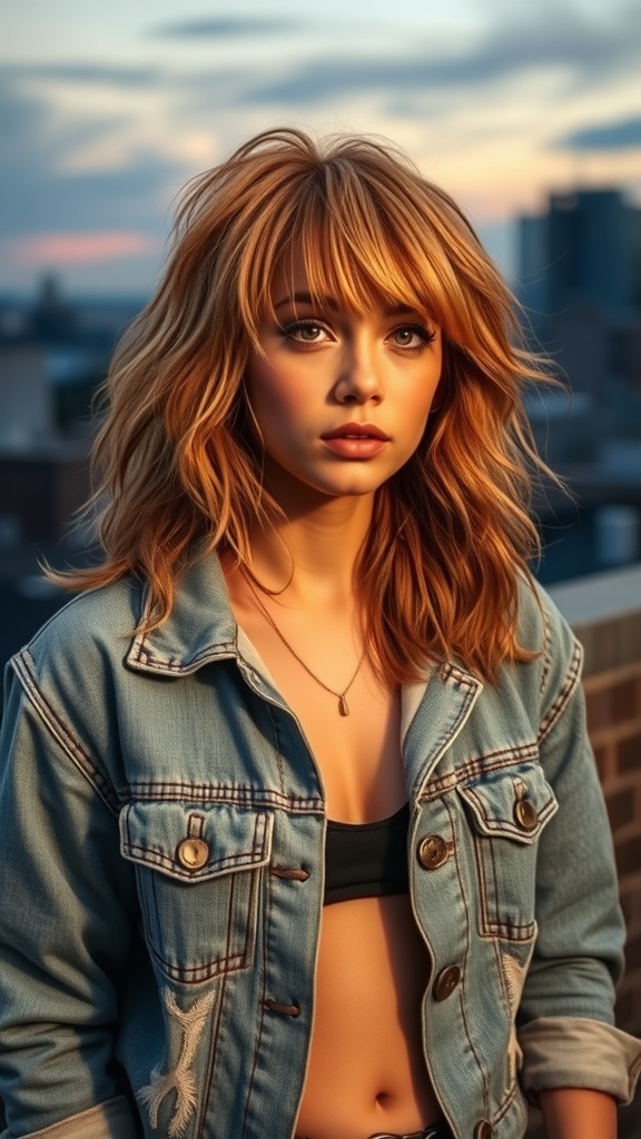 A young woman with honey tea brown hair styled in a mullet-inspired shag, wearing a denim jacket.