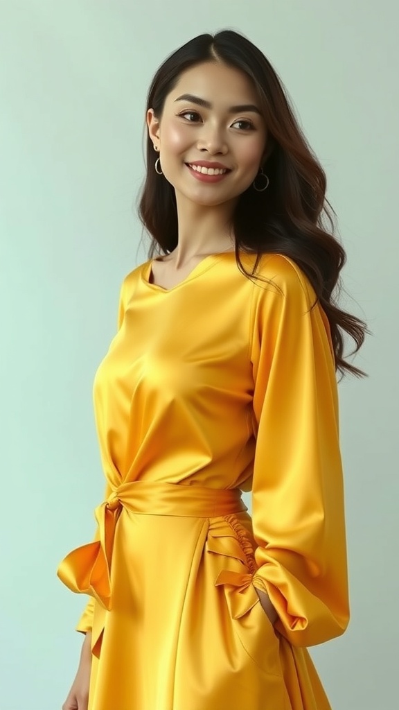 A woman wearing a mustard satin long sleeve maxi dress with ruching, smiling and looking elegant.