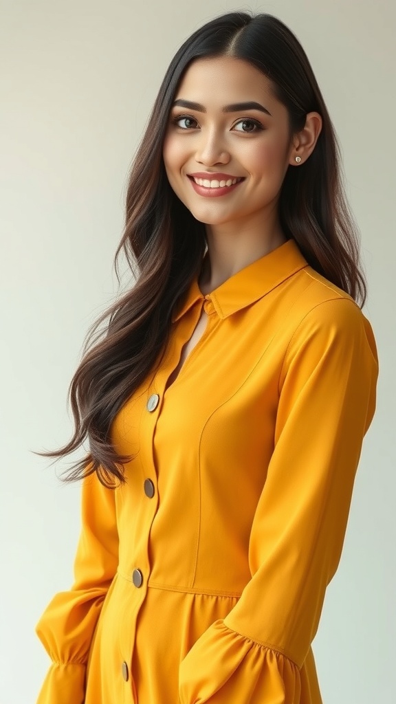 A woman smiling while wearing a mustard yellow long sleeve dress with vintage buttons.