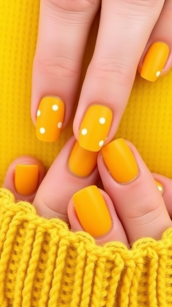Close-up of mustard yellow nails with white dots accent