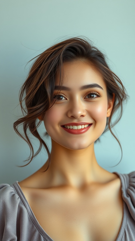 A woman with muted brown hair featuring dimensional bronze highlights, smiling at the camera.