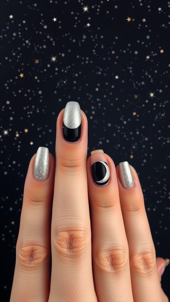 Nails featuring mystical moon phases with matte black and silver designs against a starry background.