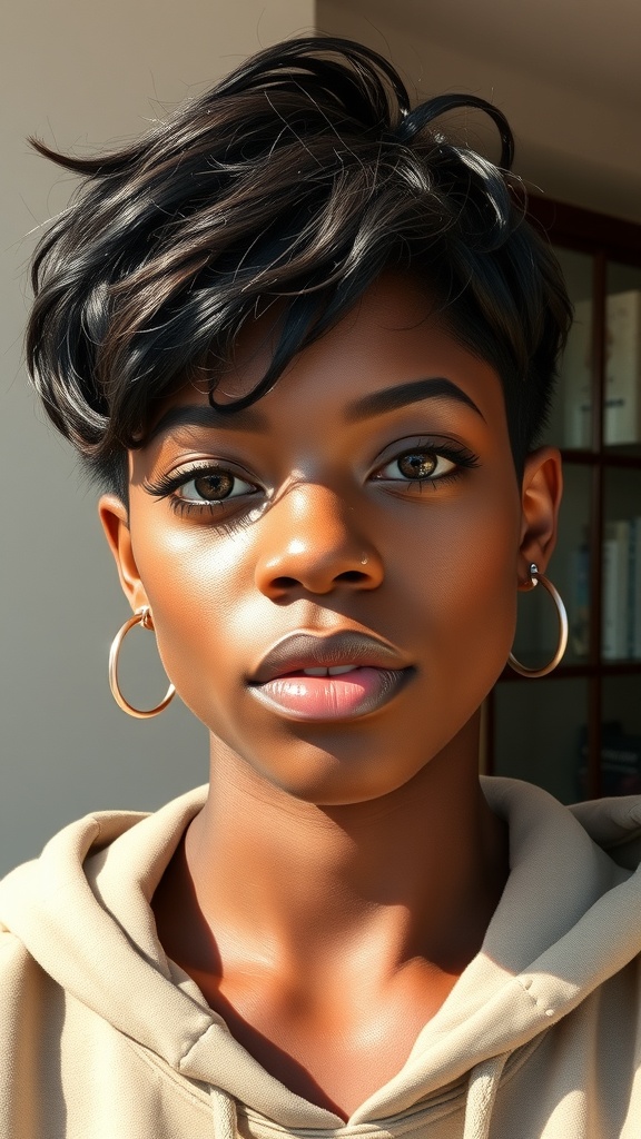 A woman with a natural brown pixie cut featuring a subtle fade, showcasing bold short hair.