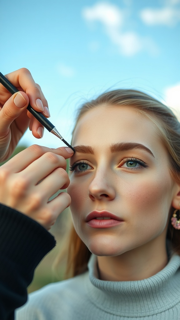 A makeup artist shaping the brows of a model outdoors, showcasing a natural and soft summer makeup look.