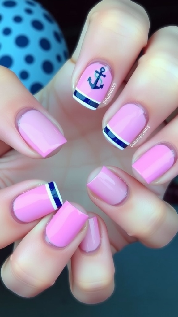 Nautical pink nail design featuring pink polish, white tips, and an anchor motif