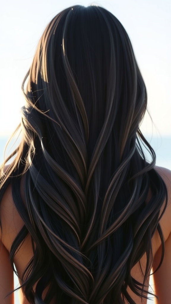 Long hair with navy blue balayage, showcasing dark blue hair with lighter highlights.