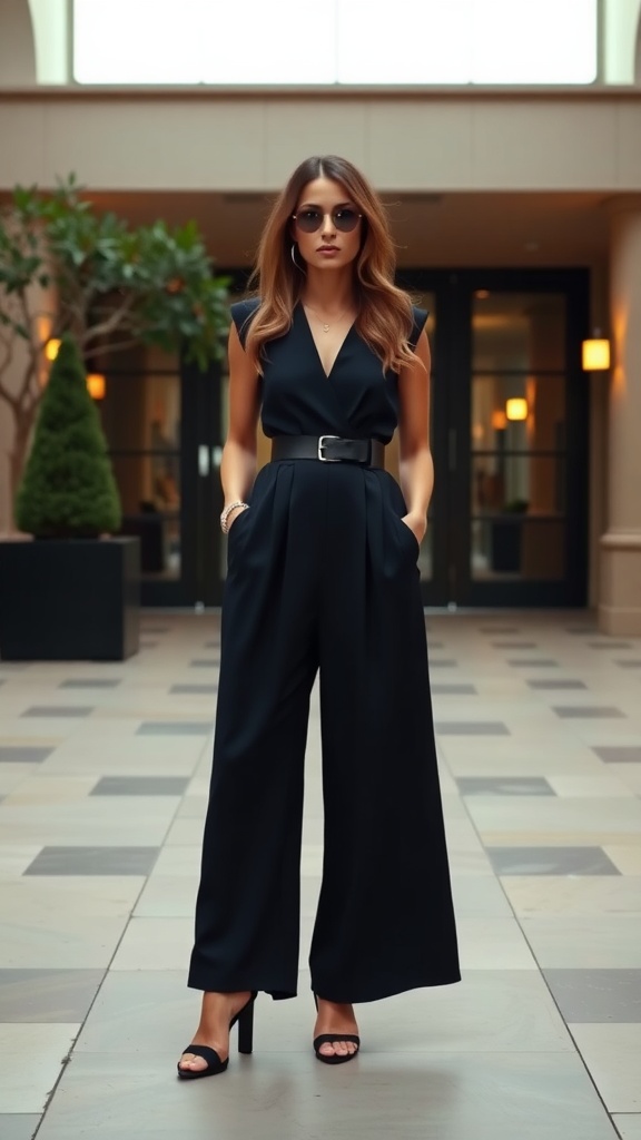 A woman wearing a navy blue jumpsuit with a statement belt, standing confidently in a stylish setting.
