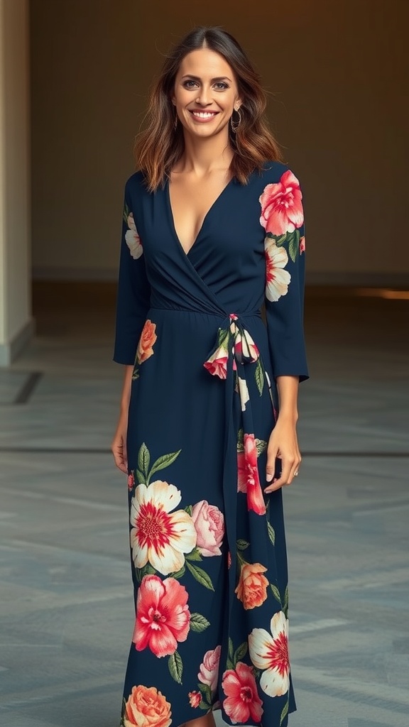 A woman wearing a navy floral long sleeve maxi wrap dress, smiling and standing in a well-lit space.