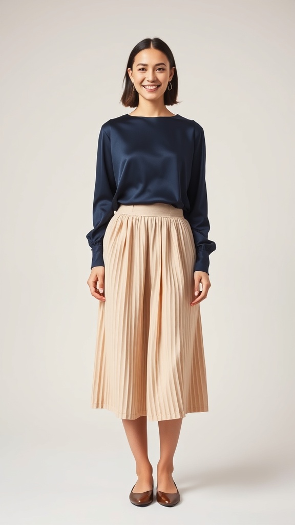 A woman wearing a navy long sleeve blouse and a pleated beige midi skirt, smiling at the camera.