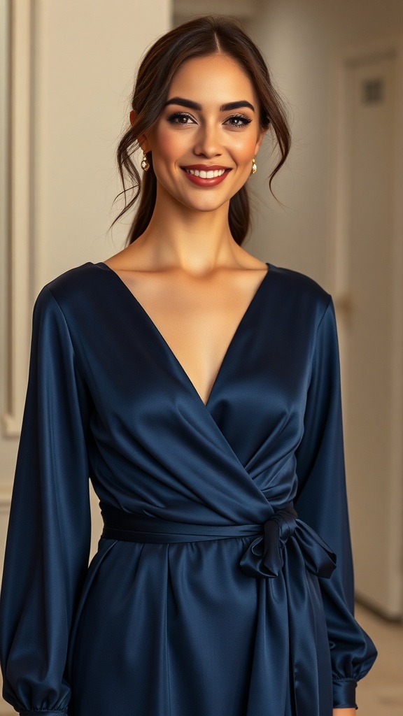 A woman wearing a navy satin long sleeve dress with a wrap waist, smiling in a well-lit indoor setting.