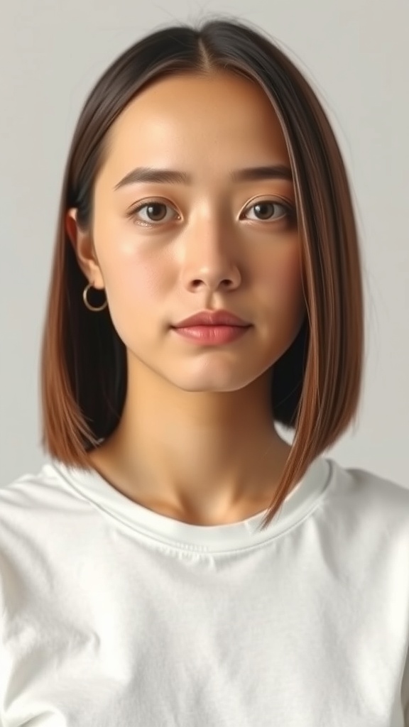 A woman with a neck-length straight bob hairstyle, showcasing a polished look.