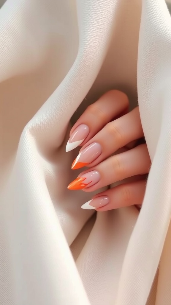 Nail art featuring negative space design with nude base, white tips, and orange accents.