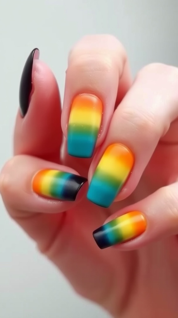 Close-up of hands showing neon ombre nails with a matte finish in vibrant colors.