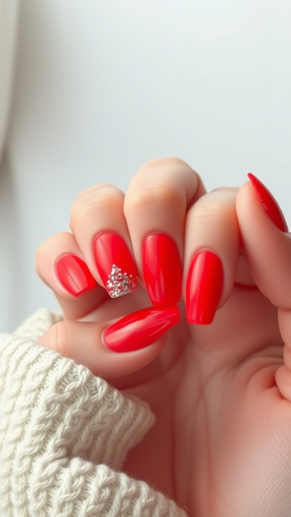 A hand with bright red nails featuring a glitter accent on one nail.