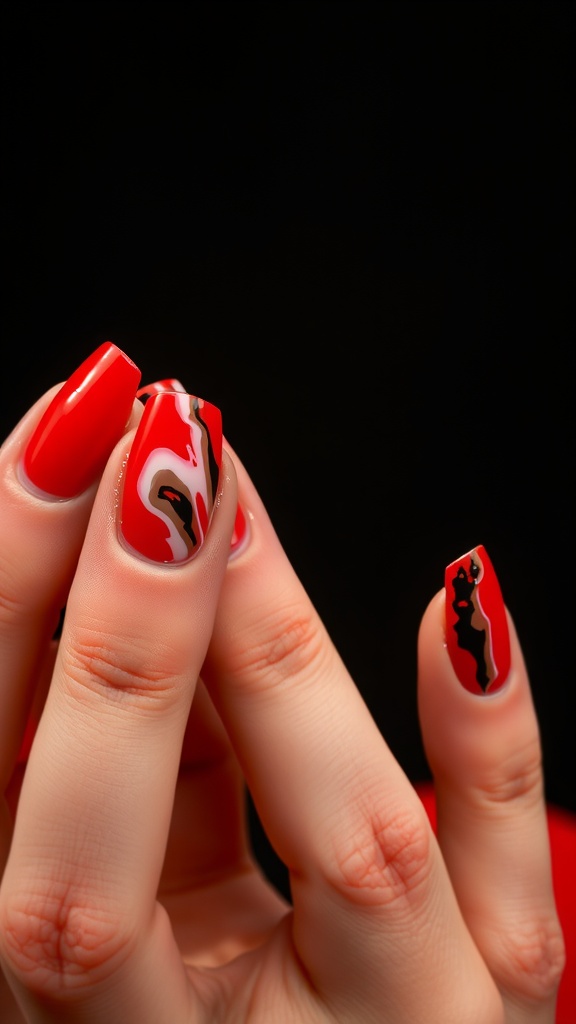A close-up of hands showing neon red nails with a marble effect design, featuring black and white swirls.