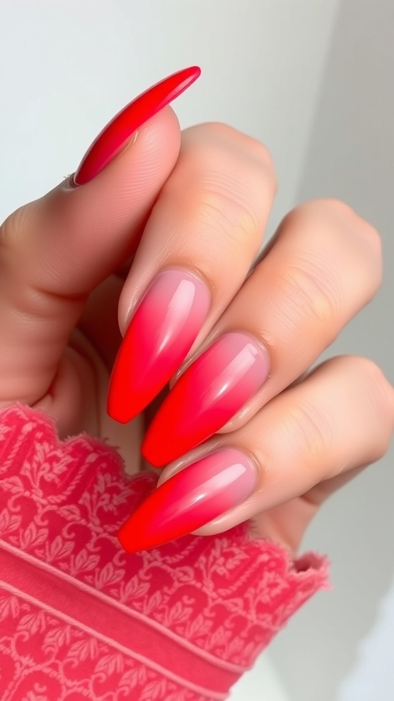 Close-up of hands with neon red ombré nails on a book page
