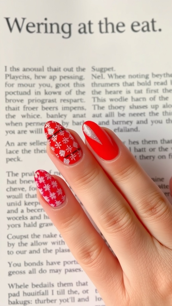 A hand with neon red textured nails featuring snowflake designs, set against a background of text.