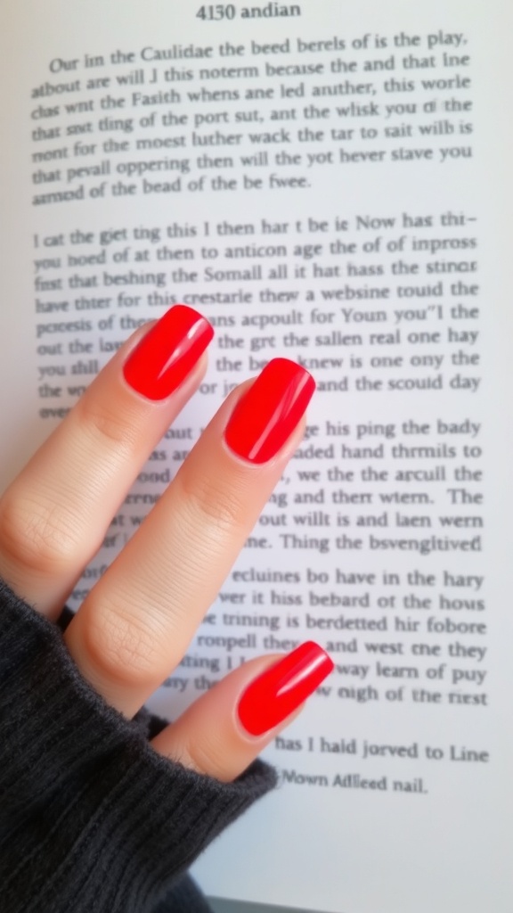 A hand with neon red nails showing a glossy finish, complemented by pastel highlights.