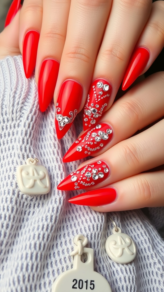 Neon red nails with rhinestones on a textured background