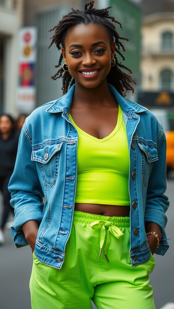 A woman wearing a neon green outfit with a denim jacket, smiling confidently.