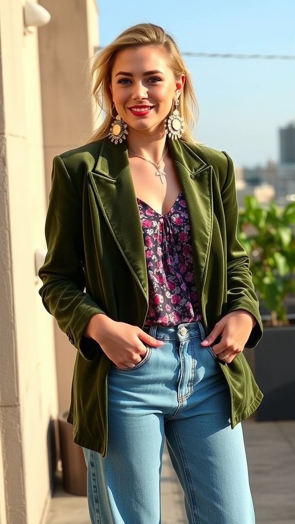 A woman wearing a bright orange neon windbreaker and high-waisted jeans, standing in an urban setting at night.