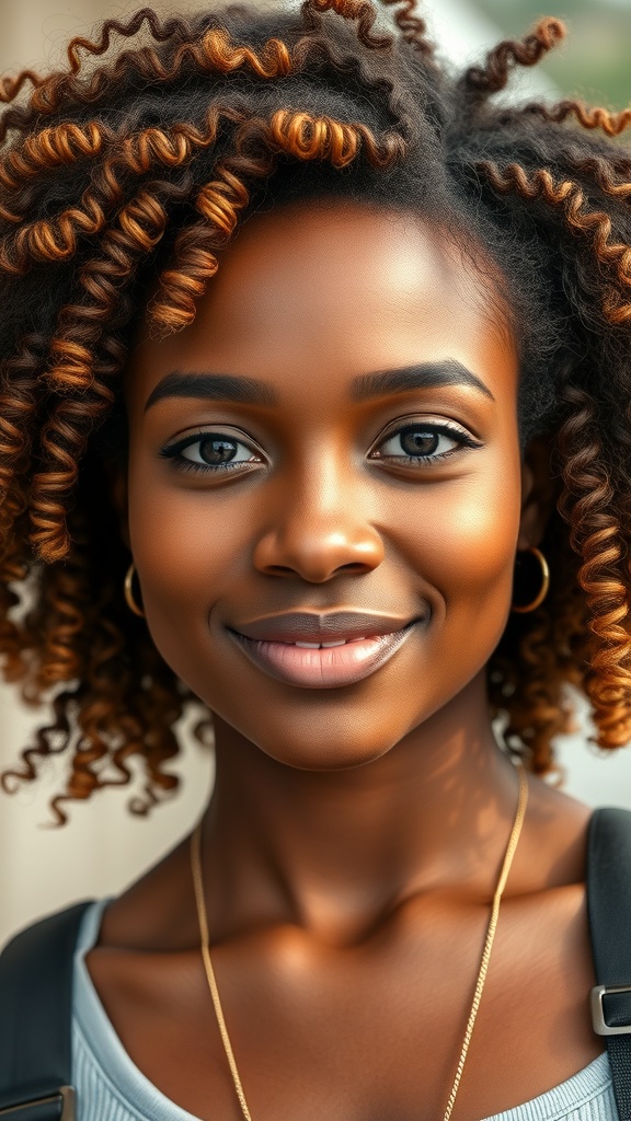 A woman with a neon yellow curly bob hairstyle, smiling in a city setting.