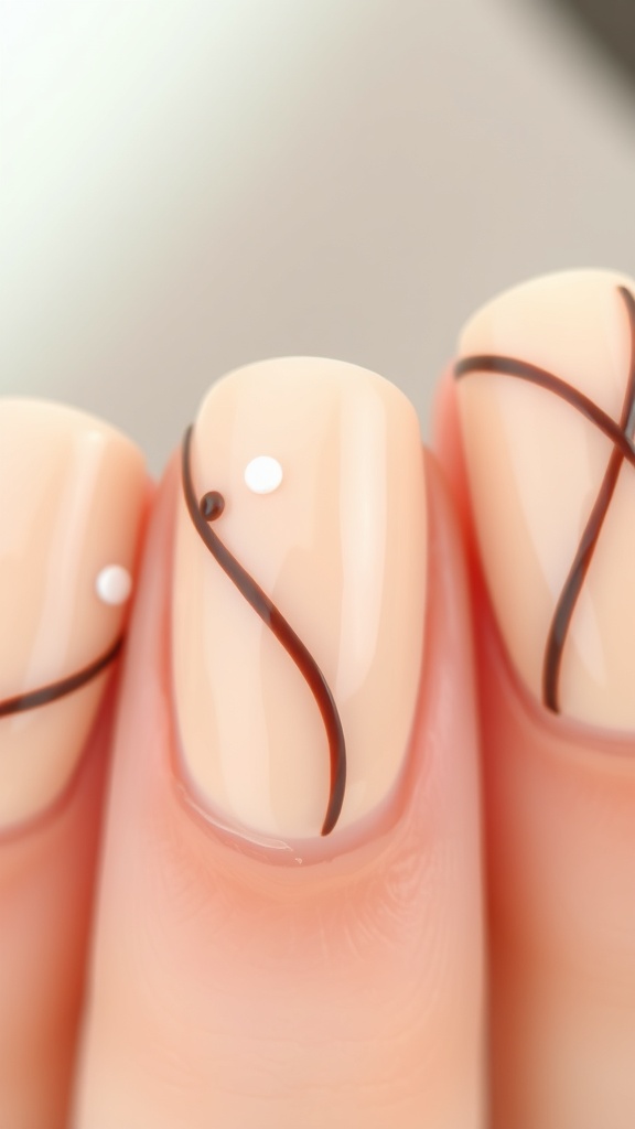 Nail design featuring a nude base with abstract brown lines and white dots.
