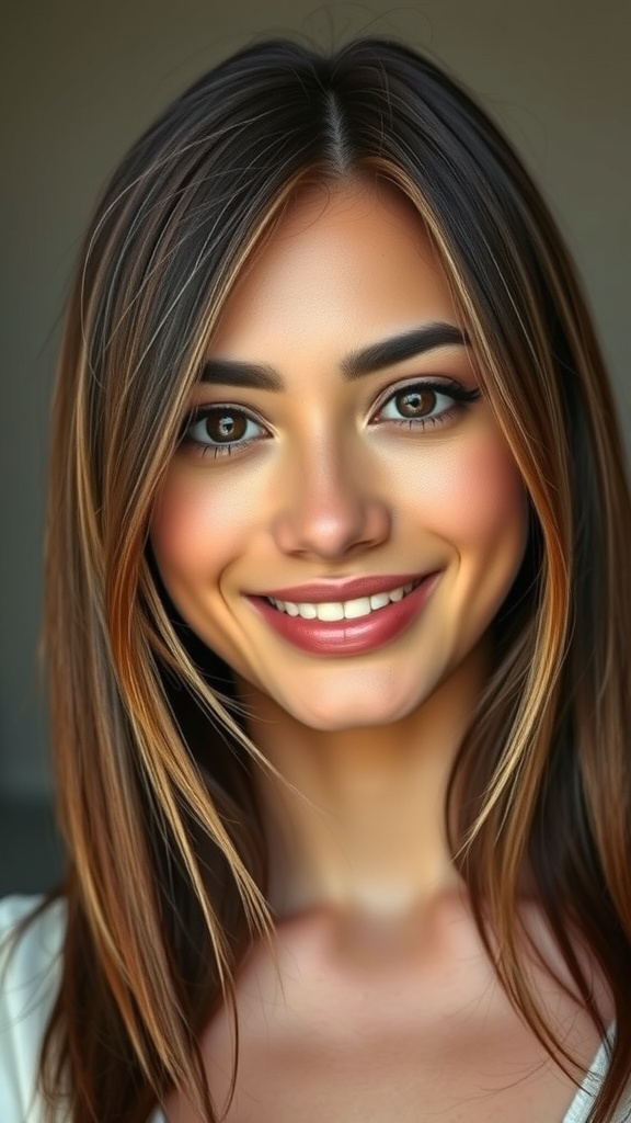A woman with neutral brown hair featuring soft mocha layers, smiling warmly.