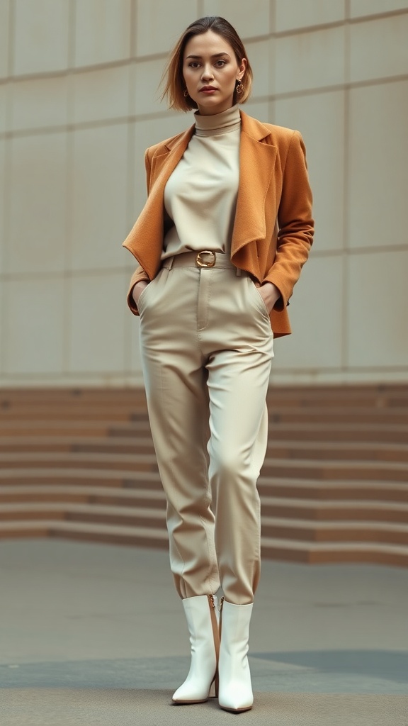 A model wearing a neutral jumpsuit with a cropped jacket and white ankle boots, posing stylishly.