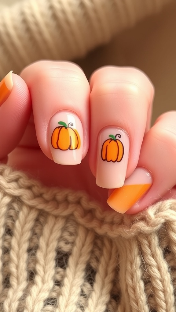 Nude nails with tiny pumpkin accents on a hand
