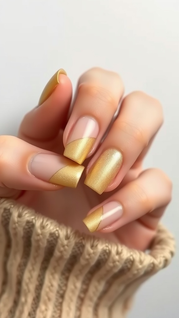 Nude to gold ombre nail design with a cozy sweater
