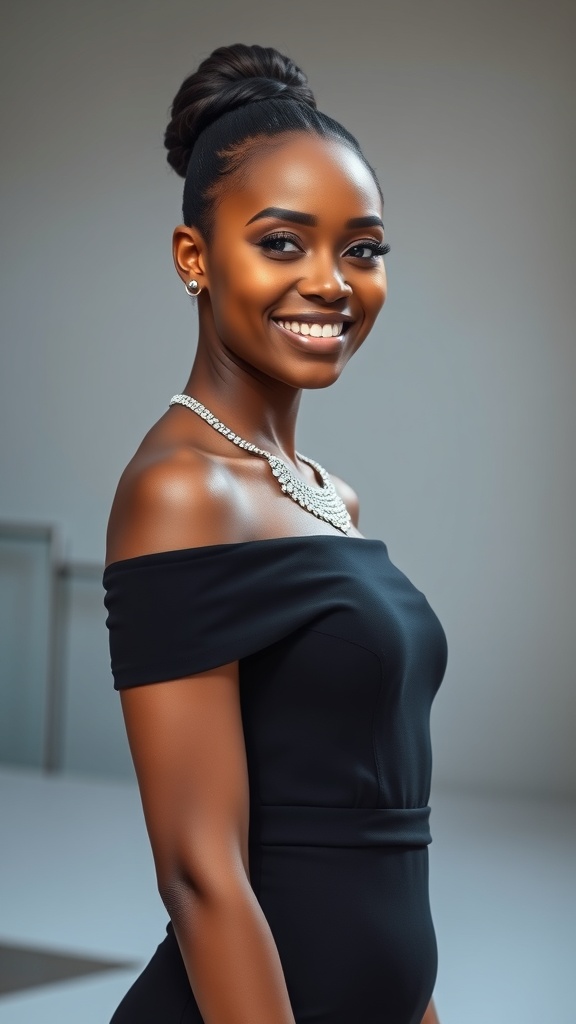 A woman wearing an off-shoulder bodycon dress with rhinestone details, smiling confidently.