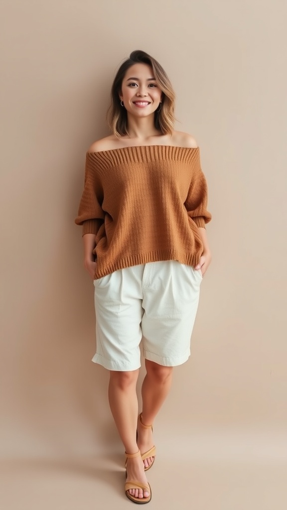 A woman wearing an off-shoulder brown knit top and white linen shorts, smiling against a neutral background.