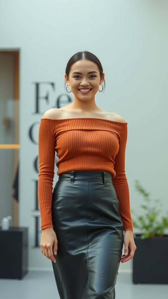 A woman wearing an off-shoulder knit top and a midi leather skirt, smiling confidently.