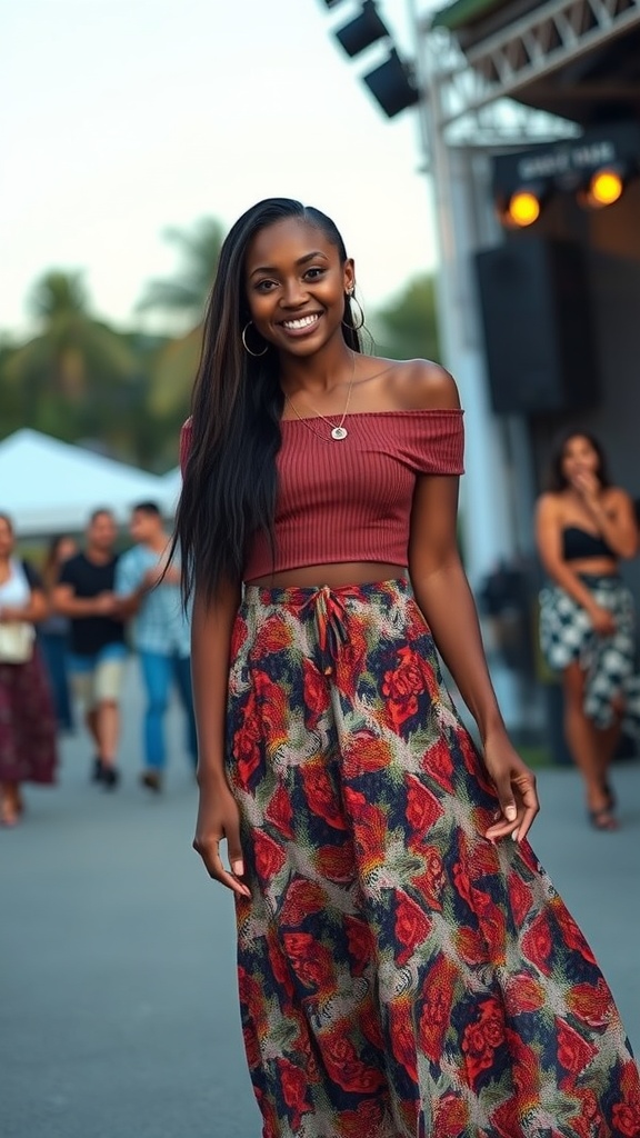 A woman wearing an off-shoulder top and a floral maxi skirt at a concert