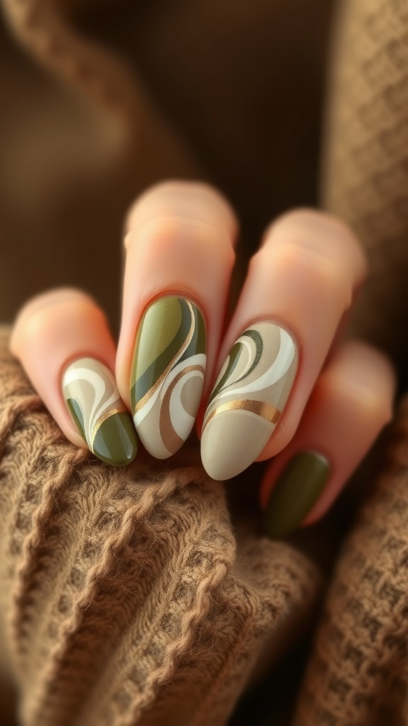 Olive green abstract swirl nail design on almond-shaped nails