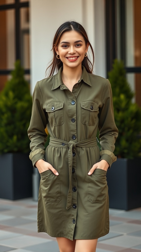 A woman wearing an olive green long sleeve dress with button front and pockets, smiling outdoors.