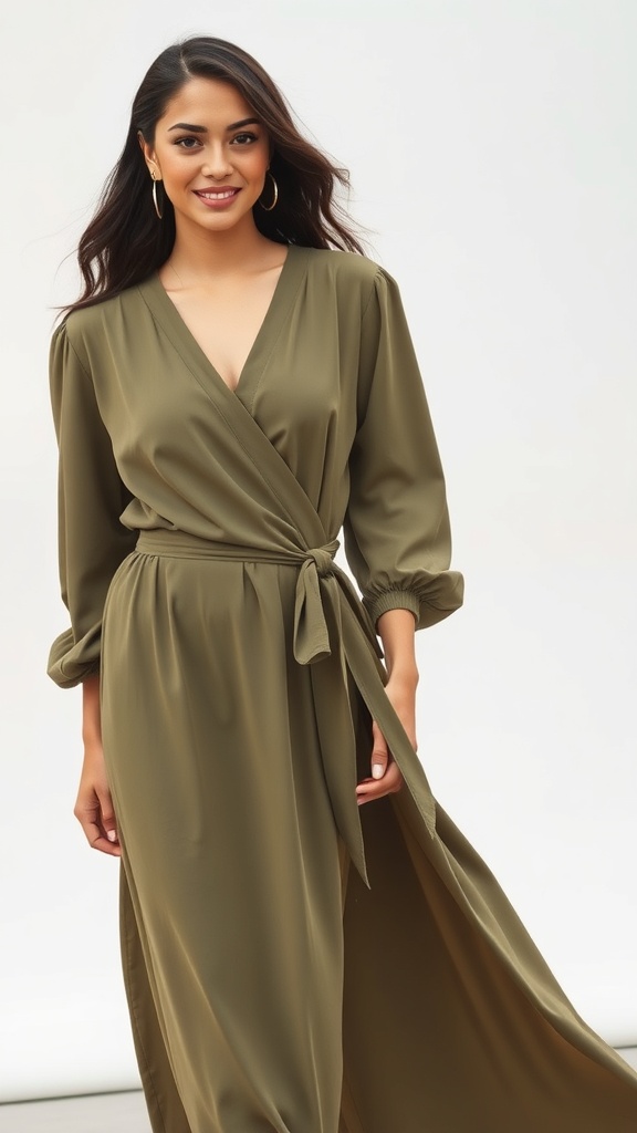 A woman wearing an olive green tied-waist long sleeve maxi dress, smiling and posing.