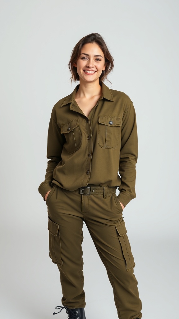 Woman wearing an olive green utility long sleeve blouse with cargo pants, smiling confidently.