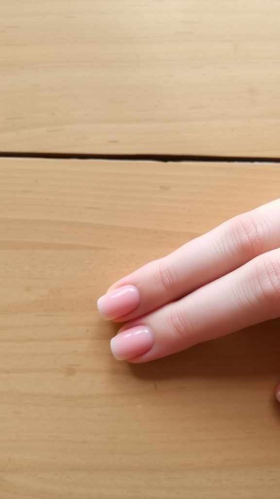Close-up of nails featuring a soft pink ombre effect on a wooden surface.
